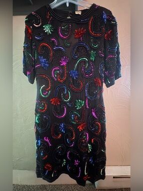 Vintage 100% Silk Beaded & Sequined Paisley Dress | vintage XL | Made in India